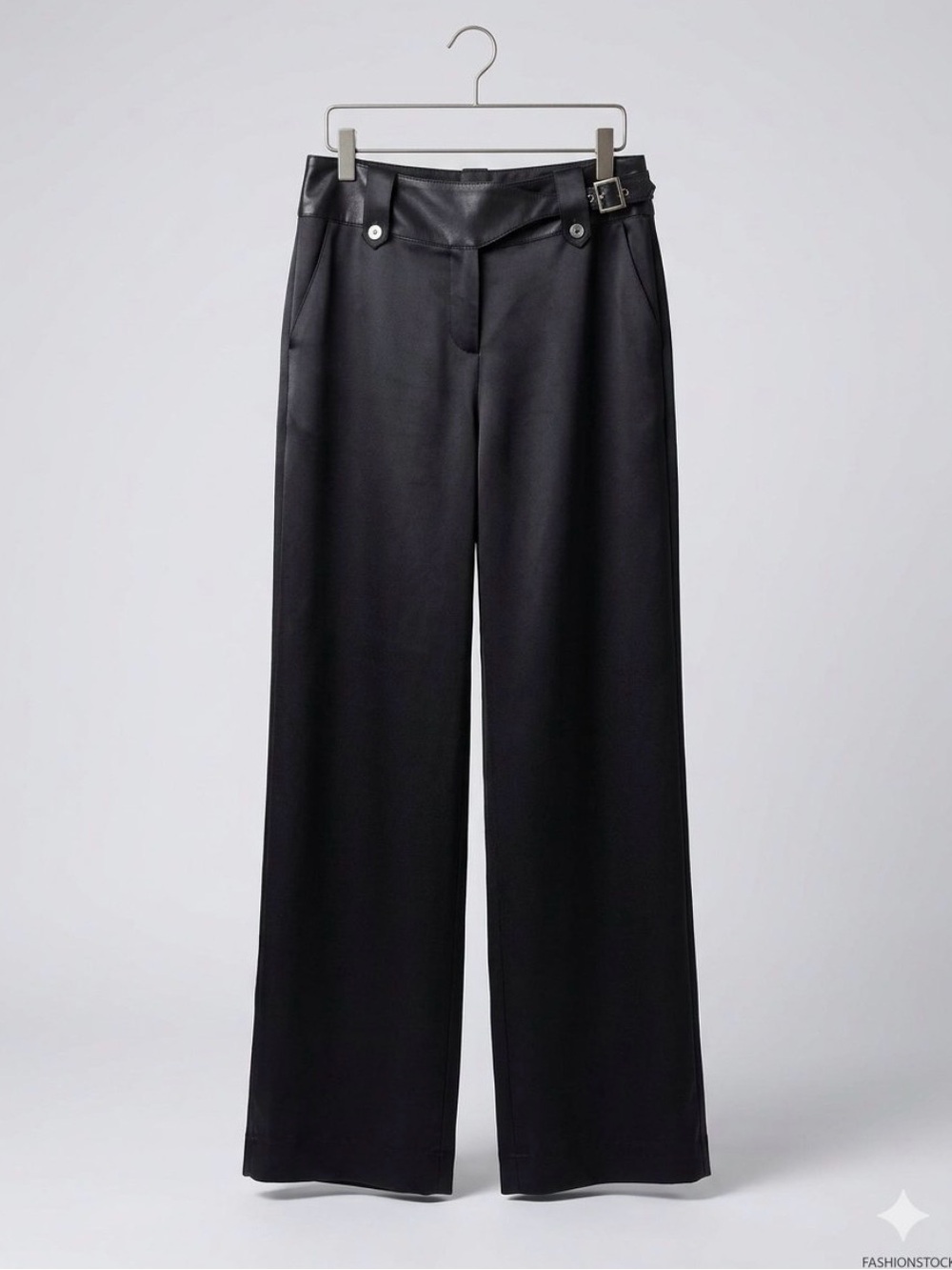 Planet by Lauren G High-Rise Black Satin Wide-Leg Pants with Buckle Detail